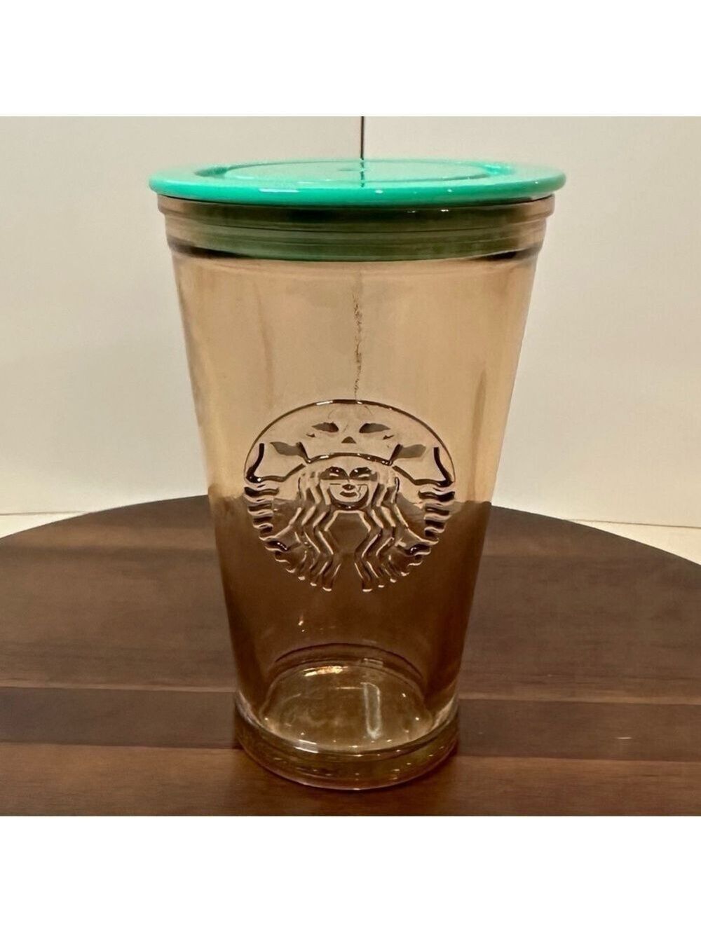 Starbucks Recycled Glass Tumbler 16 oz Amber Brown Green Lid & Straw Spain